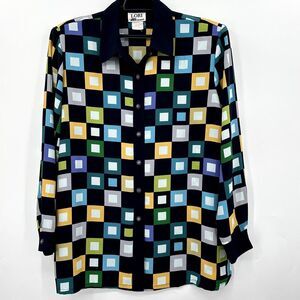 Vintage Lori by AM Casuals Abstract Square Bold Navy Blue Blouse Womens Size 14